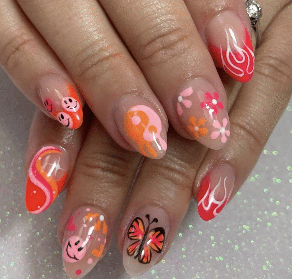Orange and Pink Nail Design