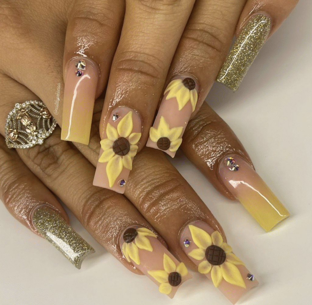 Yellow Nail Designs With Sunflowers